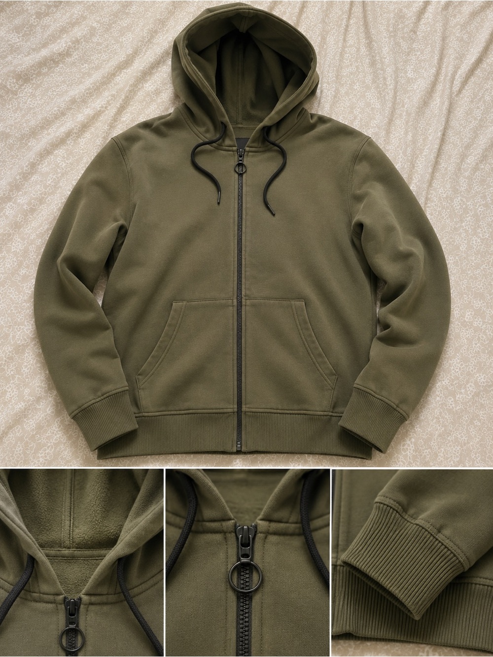 Olive Green Zip-Up Hoodie with Ring Zipper Pull